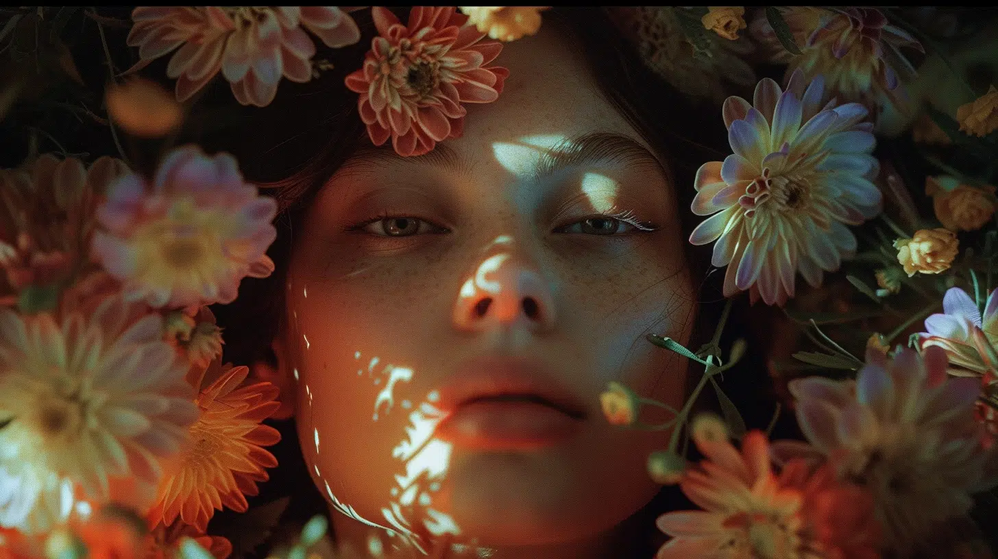 femme tete dans les fleurs roses